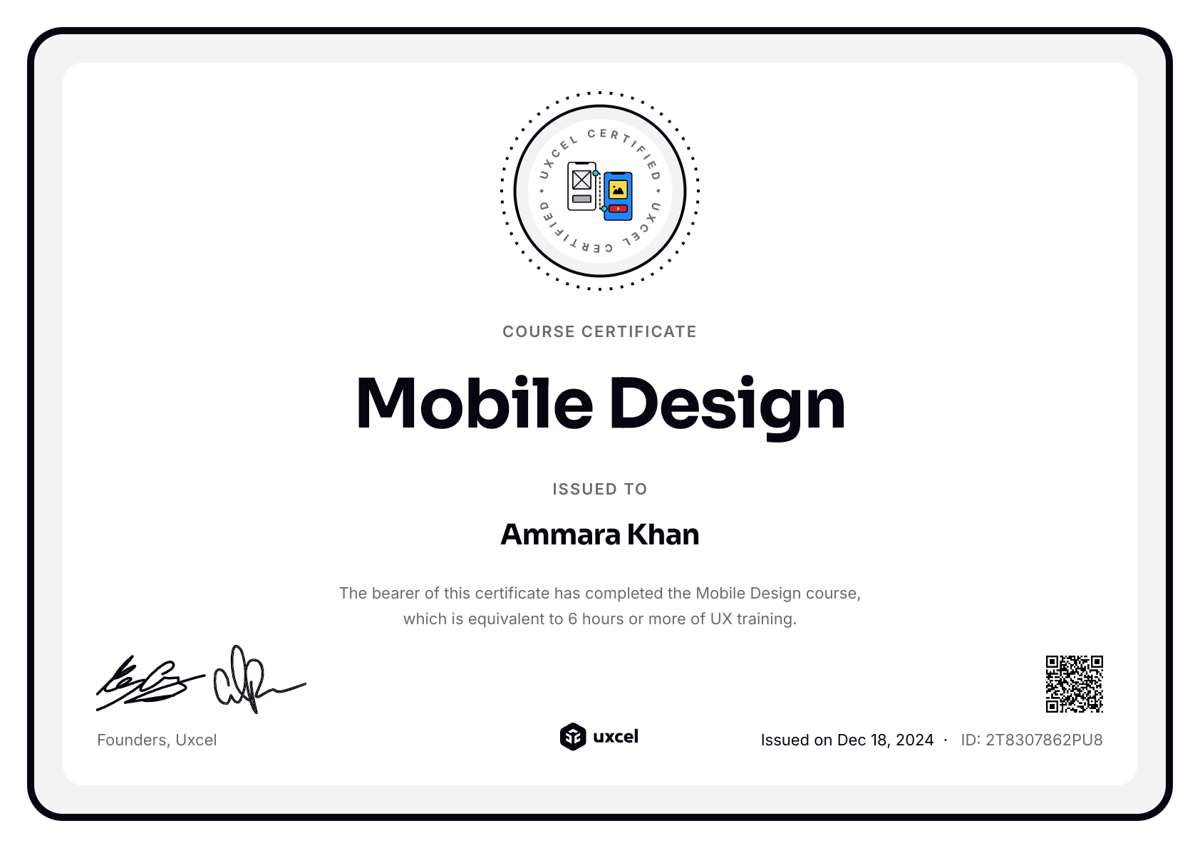 Ammara Khan's certificate